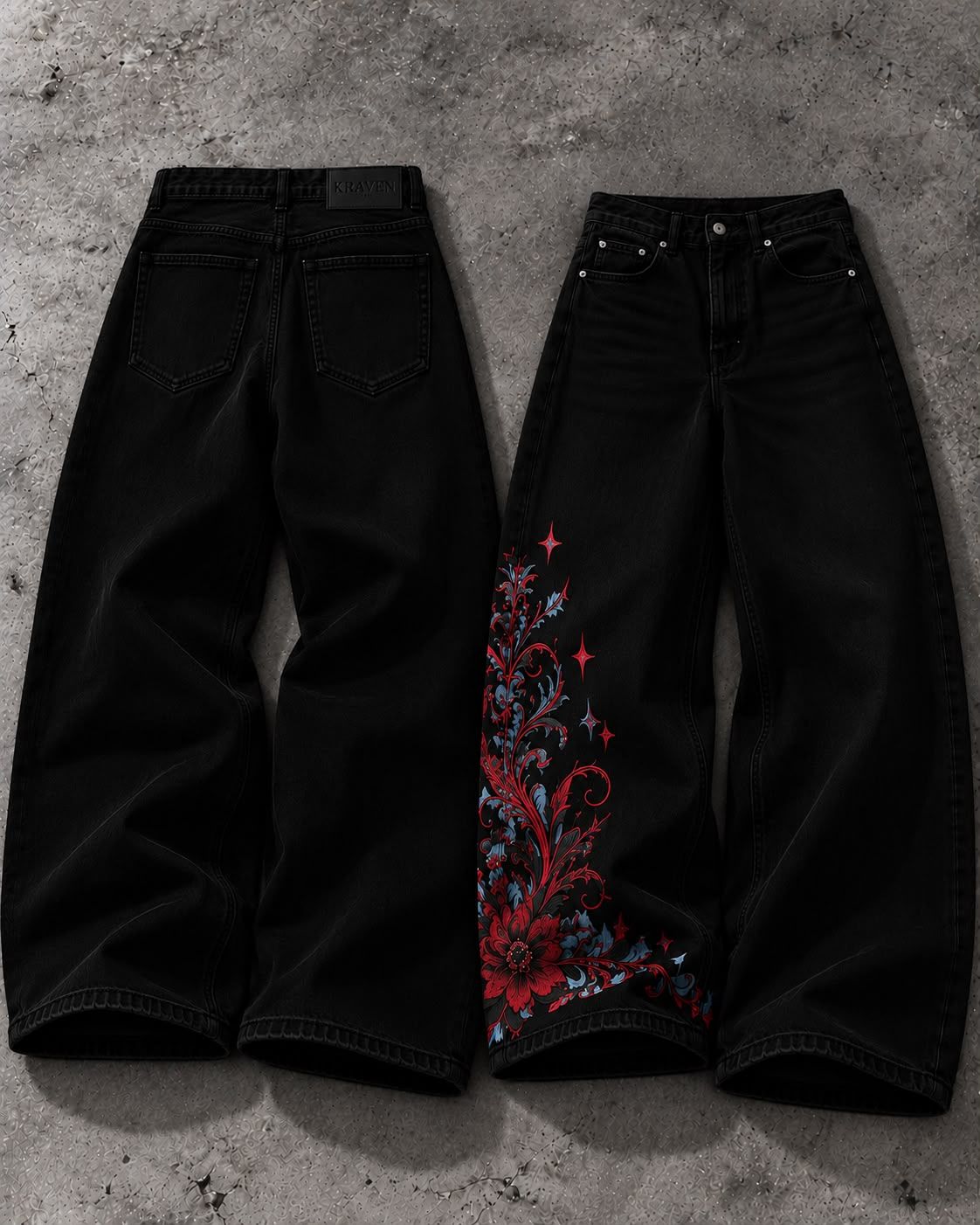 Krav'en Flourish Denim in Black, back and front, laid flat on concrete: a red and blue floral flourish with four-point stars rises from the hem of one leg, and a black leather Krav'en patch sits on the back waistband.