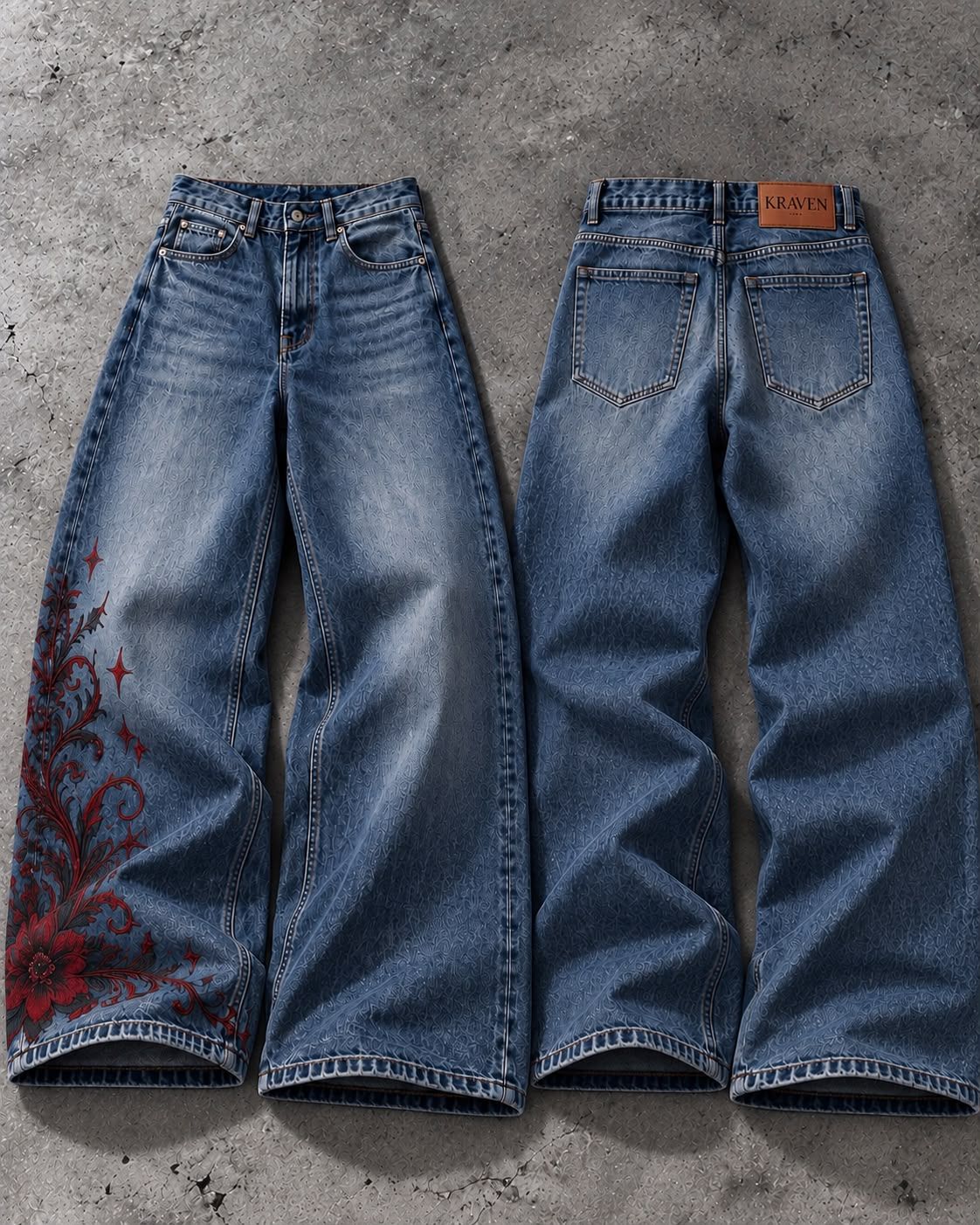 Krav'en Flourish Denim in Mid Blue, front and back, laid flat on concrete: a deep red floral flourish with four-point stars rises from the hem of one leg, and a tan leather Krav'en patch sits on the back waistband.