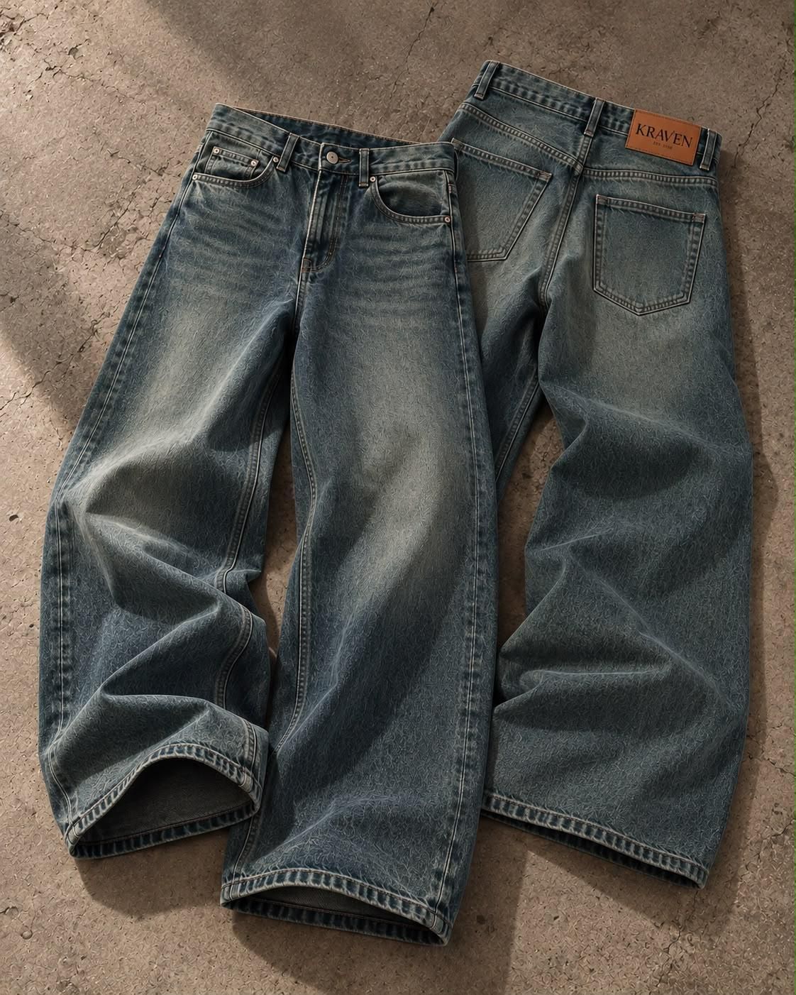Krav'en Wide-Leg Denim in Vintage Indigo, front and back, laid flat on concrete, with the leather Krav'en patch on the back waistband.