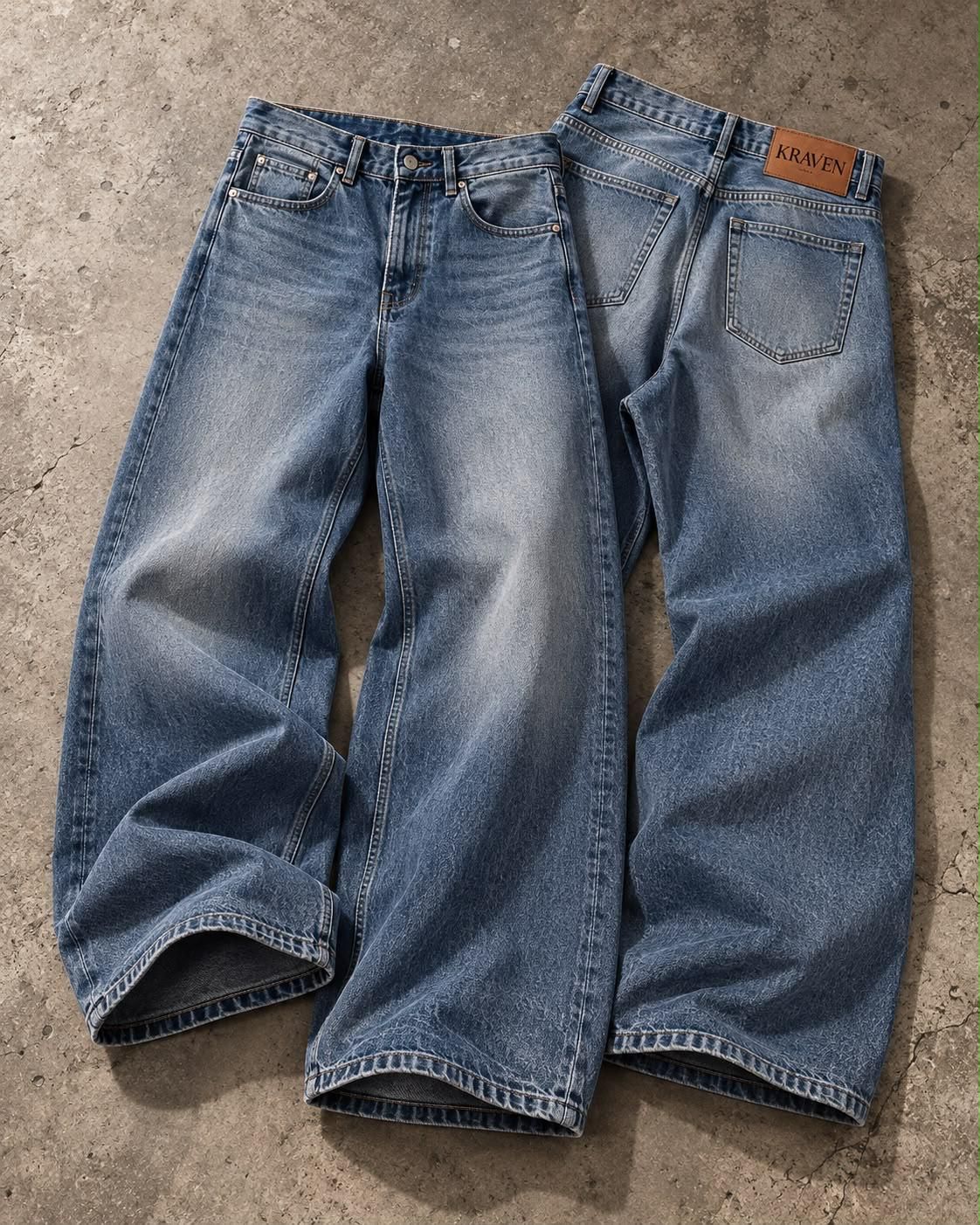 Krav'en Wide-Leg Denim in Mid Blue, front and back, laid flat on concrete, with the leather Krav'en patch on the back waistband.