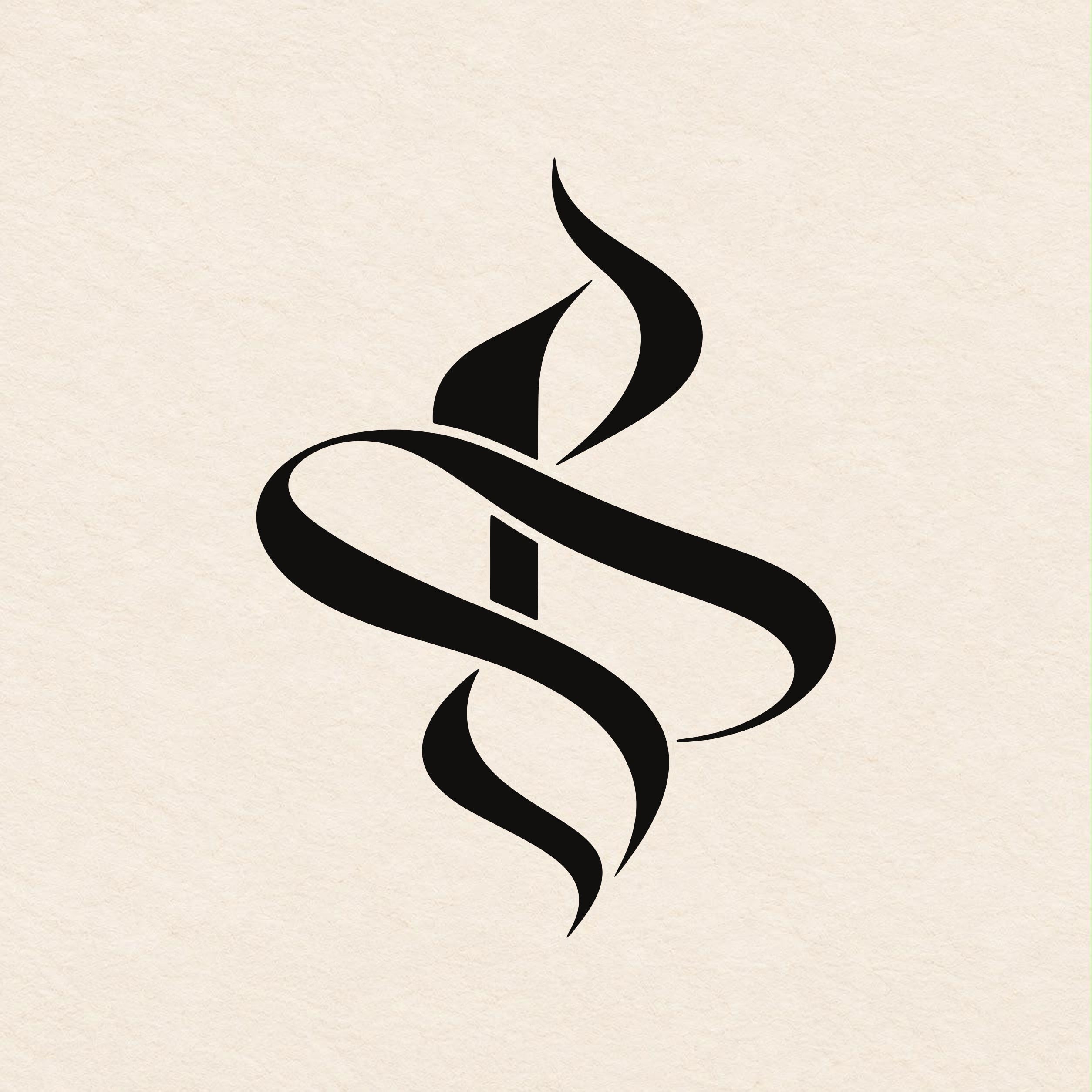 The Krav'en monogram: a black ribbon twisting around an upright stroke, its ends drawn to fine points, on cream paper.