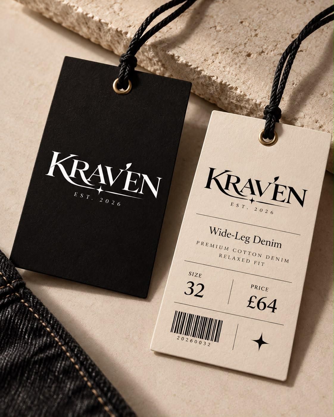 Two Krav'en hang tags on black cord, one black and one cream. The cream tag reads Wide-Leg Denim, premium cotton denim, relaxed fit.